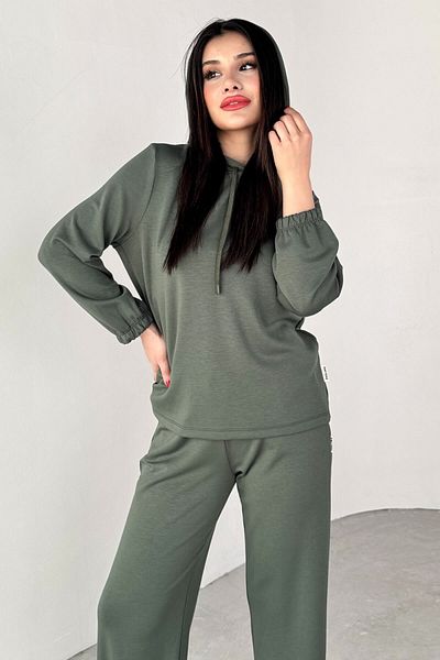 Cappmoda Tkm-1104 بلوزة بغطاء للرأس من القماش الكاكي موديل Jogger مجموعة فضفاضة مزدوجة من الأسفل