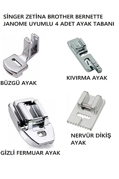 Swart Singer Zetina Janome Brother Bernette kiwi 4'lü Ayak Seti (kıvırma,büzgü,nervür ,gizli Fermuar Ayak)