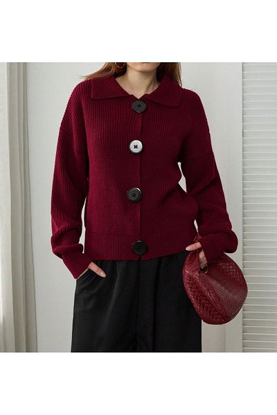 tofan Burgundy Button Detailed Cardigan