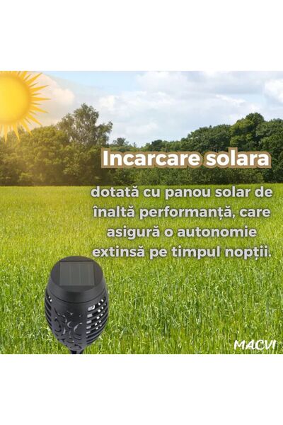 MACVI Torta Solara LED Macvi® 96 LED-uri, Efect Flacara, Senzor de Lumina, Alimentare Solara, Negru