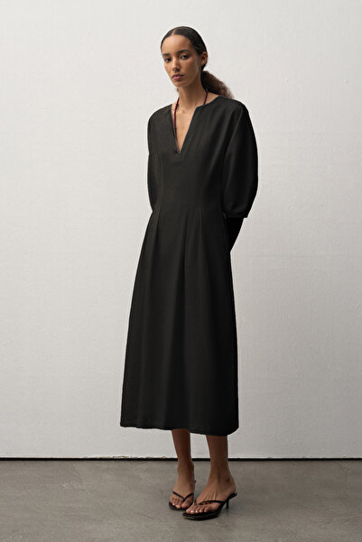 Mathilda Store Kadın Siyah Keten Balon Kol Midi Elbise