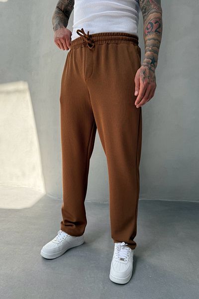 MADZEYMODA Мъжки джогър с широка кройка и ликра, оребрено кафяво, KE-5071