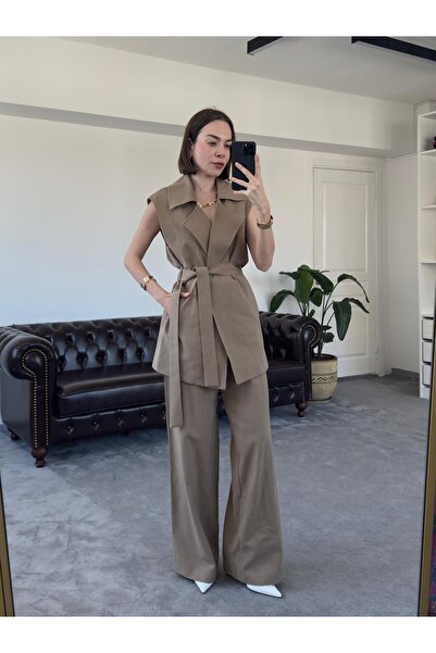 QİMYA BUTİK MAGARDE Women's Mid-Length Belted Vest and Loose Trousers Double Linen Set