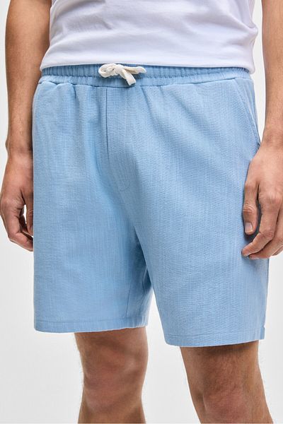 GRIMELANGE Leyton Men's Relaxed Fit Double Pocket Elastic Waist Linen Blended Woven Blue Shorts & Bermuda
