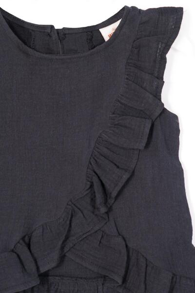 zepkids Zero Sleeve Front and Hem Ruffle Detailed Black Color Girls Shorts Suit