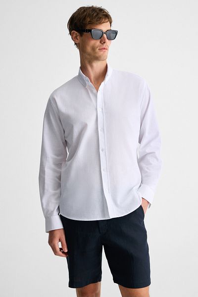 GRIMELANGE Lasse Men's Shirt Collar Cuffed Long Sleeve Regular Fit Linen Blended White Shirt