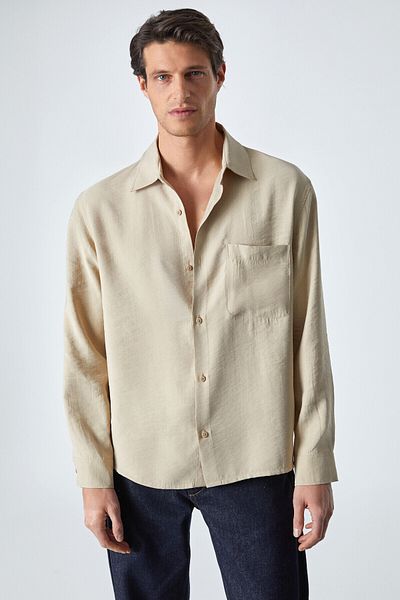 GRIMELANGE Juuso Men's Flowy Fabric Shirt Collar Button Cuff Pocket Detail Long Sleeve Beige Shirt
