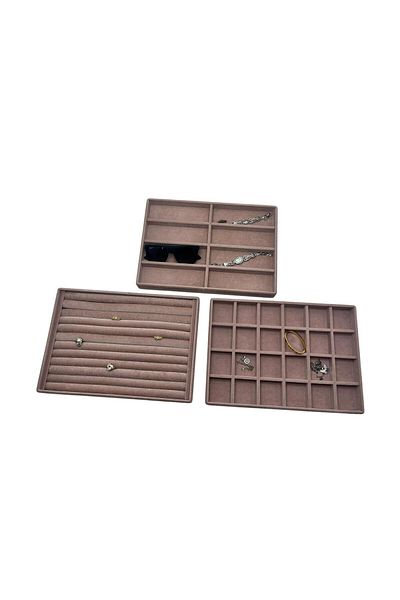 MeGass Dekor Suede Fabric Pink Color 34/24 cm Set of 3 Jewelry Trays in Drawer