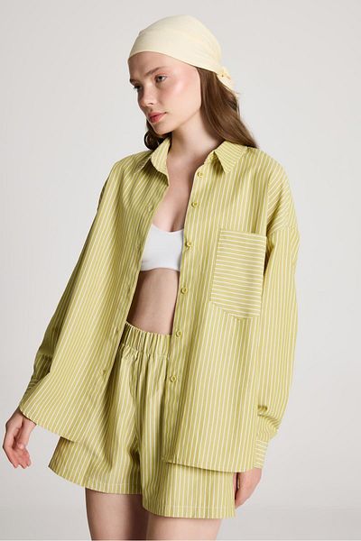 minaaise Oil Green White Striped Oversize Shirt/Shorts Top and Bottom Set 27381