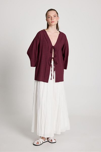 minaaise Kimono de damă bordeaux cu cravată în față cu design cu model propriu 29138