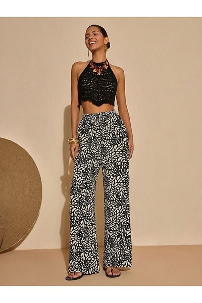 only moon Women's Clothing Black Creped Fabric Patterned High Waisted Trousers with Elastic Waist