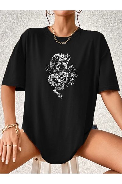 Pasage Oversize Dragon Printed Black Tshirt