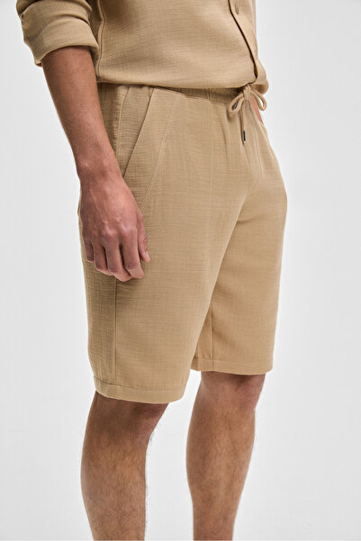 GRIMELANGE Jens Erkek %100 Pamuk Müslin Kumaş Yanları Cepli Slim Fit Dar Kesim Bej Şort