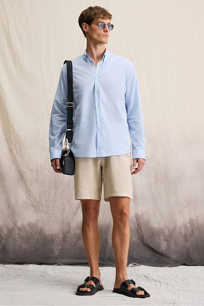 GRIMELANGE Lasse Men's Shirt Collar Cuffed Long Sleeve Regular Fit Linen Blended Blue Shirt
