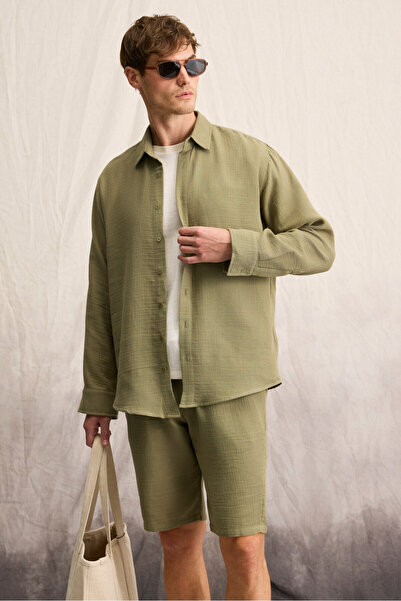 GRIMELANGE Jens Erkek %100 Pamuk Müslin Kumaş Yanları Cepli Slim Fit Dar Kesim Haki Şort