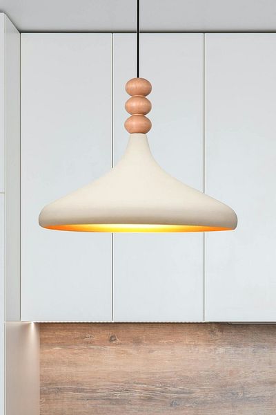 Modavize Nil Modern Design Wooden Detailed Metal Cafe - Kitchen Cream Color Single Chandelier (35 cm)
