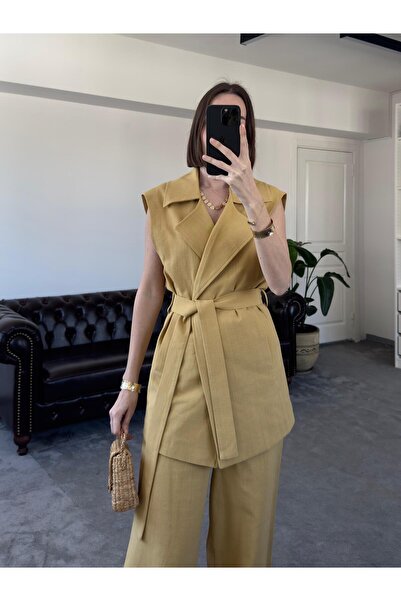 QİMYA BUTİK MAGARDE Women's Mid-Length Belted Vest and Loose Trousers Double Linen Set