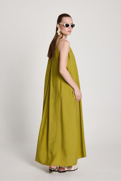 minaaise Women's Oil Green 100% Modal Strappy Loose Cut Long Dress 29201