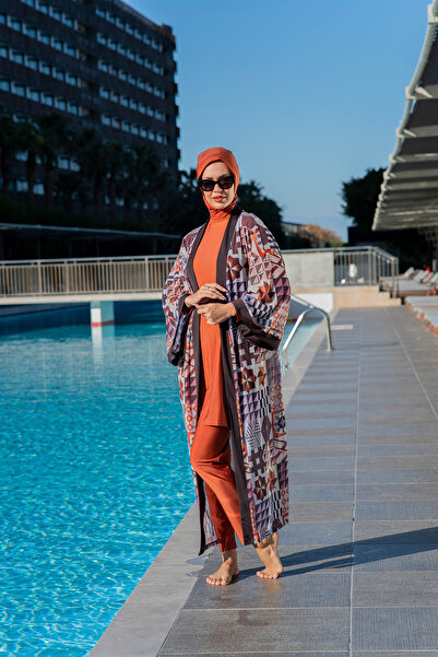 Ruko Maio RUKOMAYO KAHVERENGİ ETNİK DESENLİ ESNEK ŞİFON KUMAŞ KİMONO