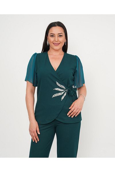 Butik Nilyam طقم بنطلون بلوزة نسائية مقاس كبير مزدوج الصدر وياقة على شكل ورقة شجر لؤلؤية وأكمام شيفون 24727