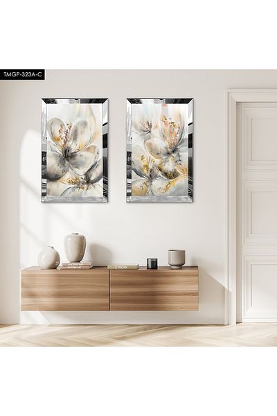 Zevahir Mobilya Dekorasyon FLORI ABSTRACTE ALBE CU CADRU DE PLEXY CU Oglindă SILVER SET DE TABLĂ MODERNĂ DUALĂ MDF