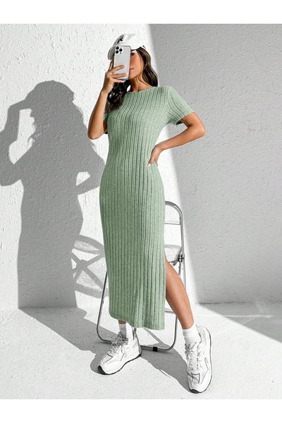 modaserdem Women's Short Sleeve Crew Neck Slit Detail Ribbed Camisole Full Length Dress