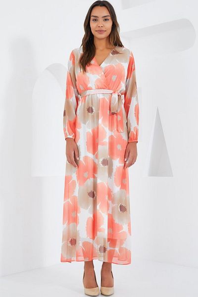 JANES Orange Beige Floral Patterned Chiffon Dress 2134