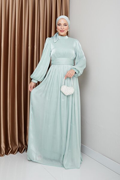 Olcay Večerní šaty z hedvábného hidžábu s vlečkou a stahovací šňůrkou, Yoryo Mint 1225