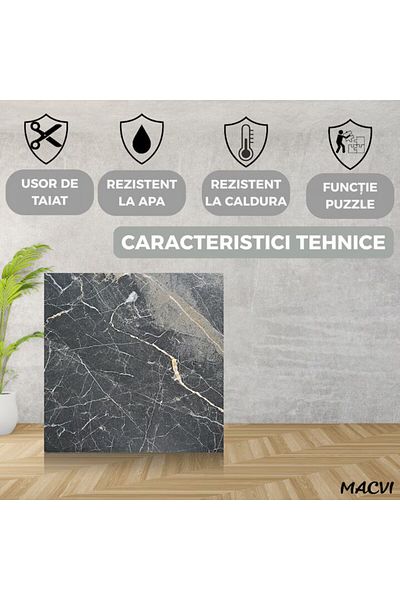 MACVI Set 24 placi autoadezive Macvi® podea, stil marmura negru dungi gri,PVC,7 x 45, 1,4 mm, Acoperire 5m