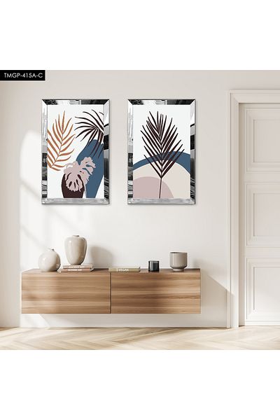 Zevahir Mobilya Dekorasyon SET DE TABLĂ MDF DUAL PLANTE MODERNE ABSTRACTE CU CADRU DE PLEXY CU OGLINDĂ ARGINTIE FOND ALB