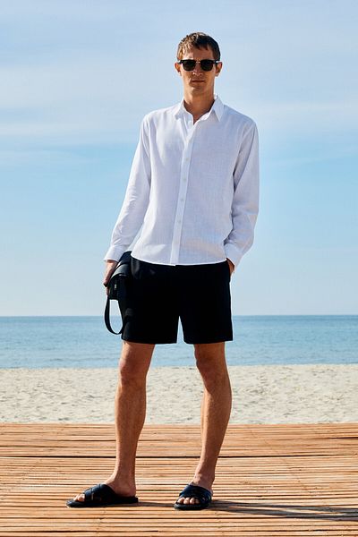 GRIMELANGE Yordı Men's Linen Look 100% Cotton Shirt Collar Cuffed Flared Regular Fit White Shirt