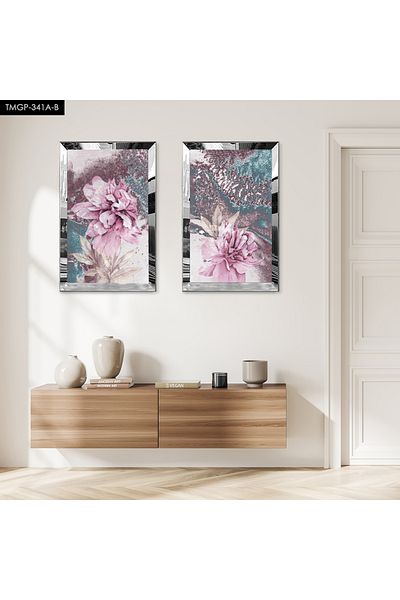 Zevahir Mobilya Dekorasyon SET DE MASA DECORATIVA BILATERALĂ MDF FLORI PURPLE CU CADRU DE PLEXY CU Oglindă SILVER