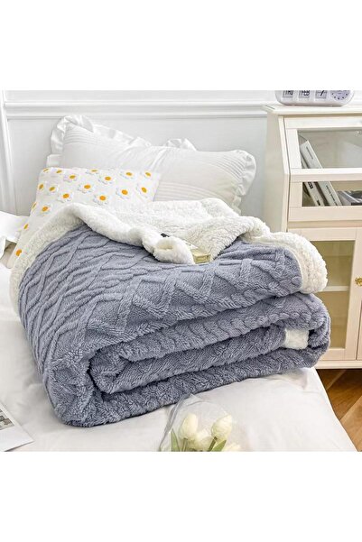 OEM Cocolino Thick Blanket, With Fur, 200x230cm, Knitted Type, Light Grey