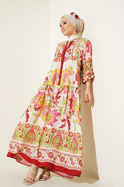 modaserdem 2423 Authentic Patterned Dress - Y.Burgundy