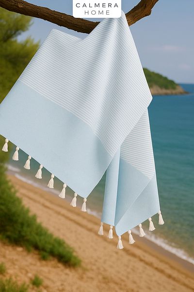 Calmera Peshtemal în dungi |   Bumbac - Franjuri naturale |   Plajă, piscină, spa, saună, sport, prosop de călătorie - albastru