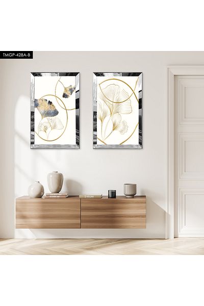 Zevahir Mobilya Dekorasyon SET DE MASA MDF DUBLA CU CADRU DE PLEXY CU OGLINDA ARGINTIE FOND ALB CU LINII DE AUR DECORATIVE