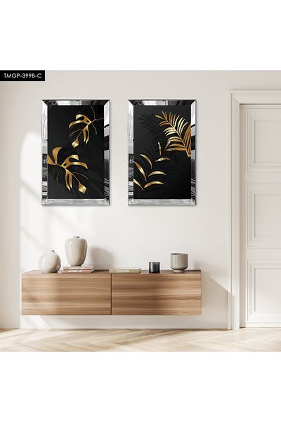 Zevahir Mobilya Dekorasyon SET DE TABLĂ MDF DUALĂ FLOARE DE AUR ABSTRACTĂ CU CADRU DE PLEXY CU OZAR SILVER FOND NEGRU