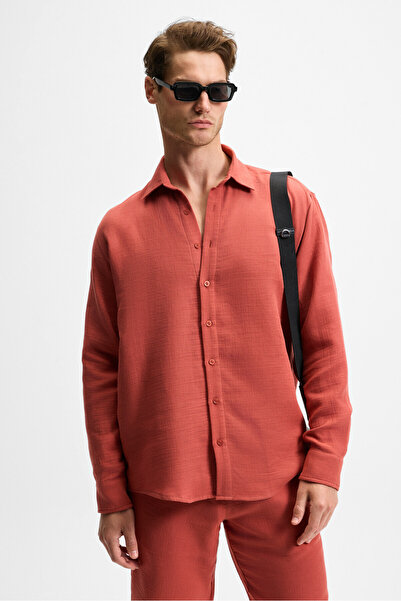 GRIMELANGE Raimo Men's 100% Cotton Muslin Fabric Cuffed Long Sleeve Comfort Fit Brick Color Shirt