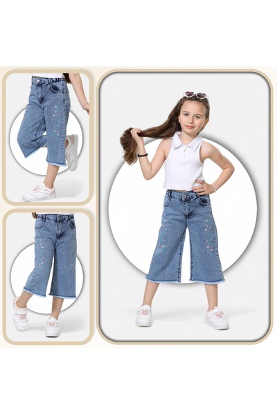 ModiClas Serpme Papatya Nakışlı-Pamuklu-Paça Tüy Detaylı-Kız Çocuk Bermuda