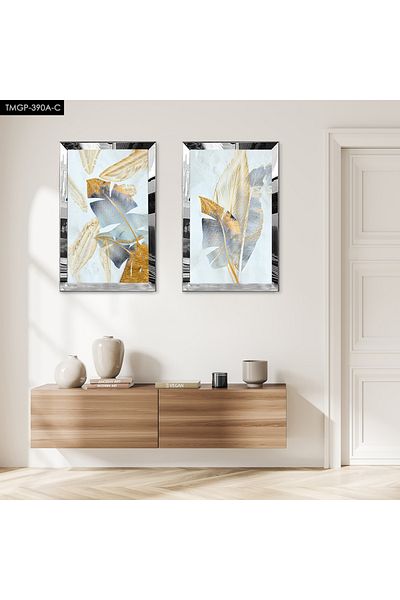 Zevahir Mobilya Dekorasyon SET DE MASA DECORATIVĂ DUALĂ MDF CU CADRU DE PLEXY CU OGLINDĂ ARGINTIE FOND ALBASTRU DESCHIS
