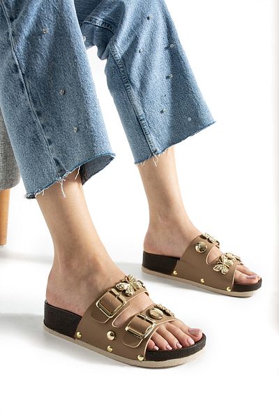 ALTUVATEKS Stylish and Comfortable Women's Slippers Stone Double Buckle Comfortable Sole Summer Slippers