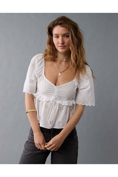 AMERICAN EAGLE Ae Flutter Sleeve Eyelet Babydoll Blouse