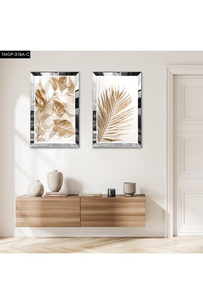 Zevahir Mobilya Dekorasyon SET DE MASA MDF MODERN BILATERAL CU FLORI DE AUR CU CADRU DE PLEXY CU Oglinda SILVER FOND ALB