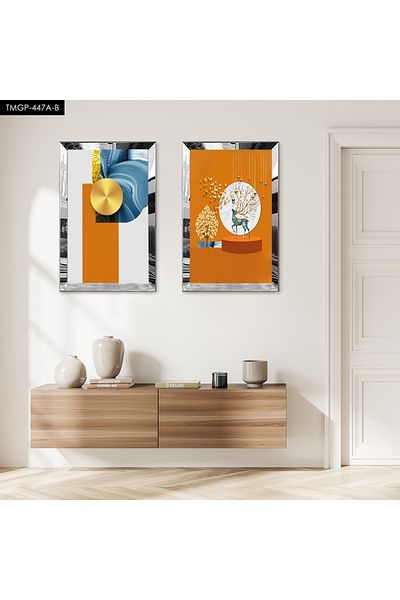 Zevahir Mobilya Dekorasyon Set de picturi decorative duble din MDF cu model abstract alb portocaliu cu rame din plexiglas cu oglindă argintie
