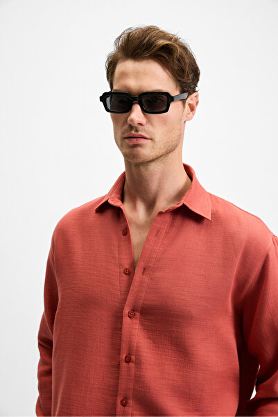 GRIMELANGE Raimo Men's 100% Cotton Muslin Fabric Cuffed Long Sleeve Comfort Fit Brick Color Shirt