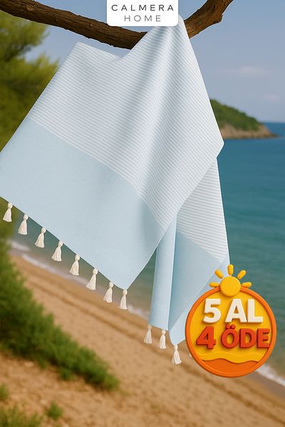 Calmera Peshtemal în dungi |   Bumbac - Franjuri naturale |   Plajă, piscină, spa, saună, sport, prosop de călătorie - albastru