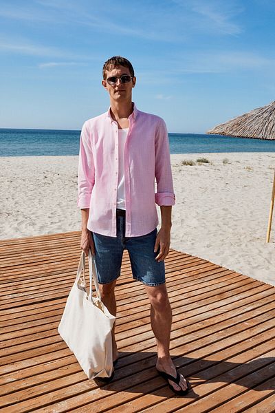 GRIMELANGE Perttu Men's 100% Cotton Slim Fit Slim Fit Buttoned Collar Linen Look Flared Pink Shirt
