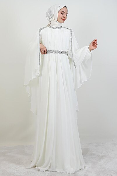 GİYZAMİLA Tutku Şifon Abiye Beyaz