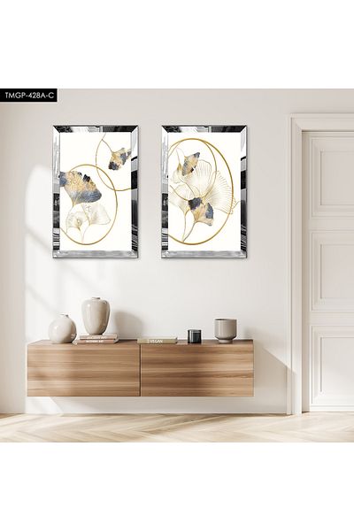 Zevahir Mobilya Dekorasyon SET DE MASA MDF DUBLA CU CADRU DE PLEXY CU Oglinda SILVER, FOND ALB, LINII DE AUR