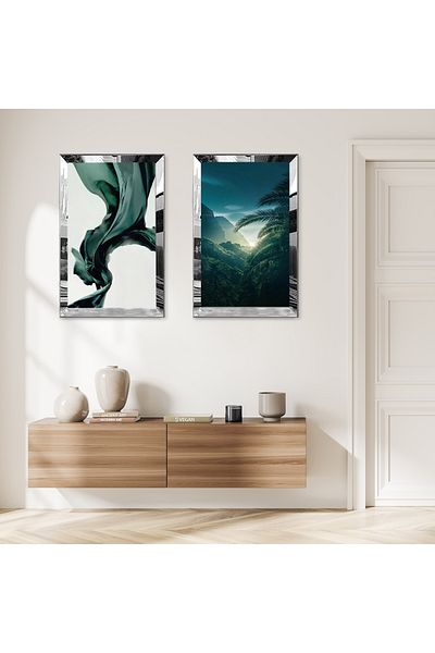 Zevahir Mobilya Dekorasyon FLORI ABSTRACTE VERDE CU CADRU DE PLEXY CU OZNĂ DE ARGINTI Fundal alb Set de pictură dublă MDF